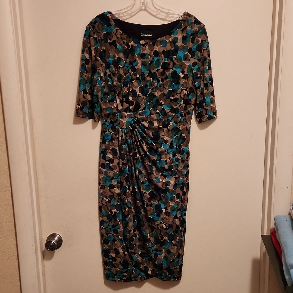 Connected Apparel Multicolor Graphic Print Mock Wrap Half Sleeve Dress
